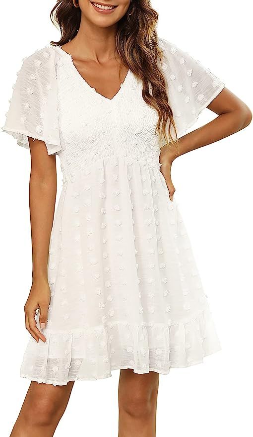 Zattcas Womens Smocked Flutter Sleeve V Neck Ruffle Mini Swiss Dot Babydoll Dress             
  ... | Amazon (US)