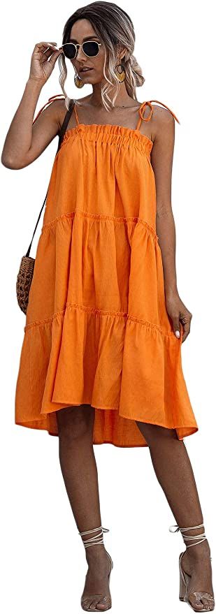 Romwe Women's Sleeveless Spaghetti Strap Tiered Layer Frill Knot Loose Cotton Summer Cami Dress B... | Amazon (US)