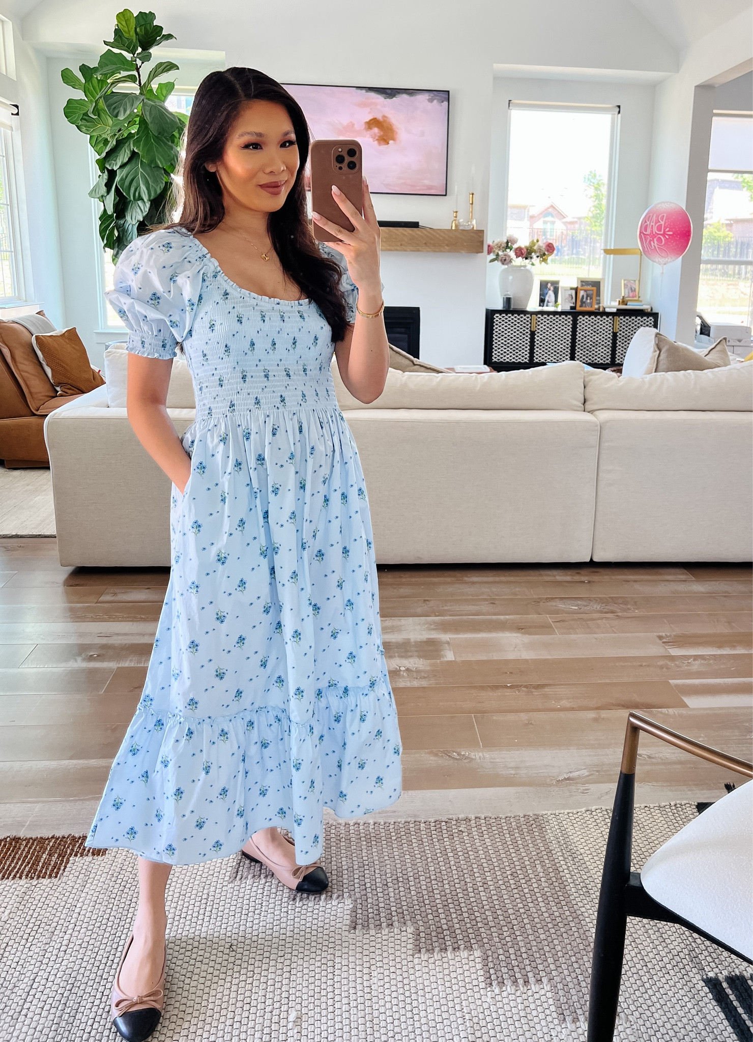 Floral dress for summer with pockets and a smoked top. Perfect for nursing and pumping and new moms. Wearing size extra small and love how comfortable this is. Would be great for baby showers, bridal showers and graduation as well. 

#LTKSeasonal #LTKstyletip