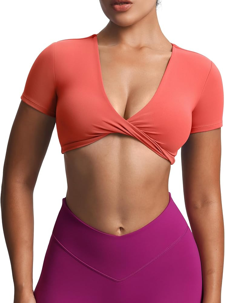 Aoxjox Short Sleeve Crop Tops for Women Sienna Twist Deep V Workout Cropped T Shirt Top | Amazon (US)