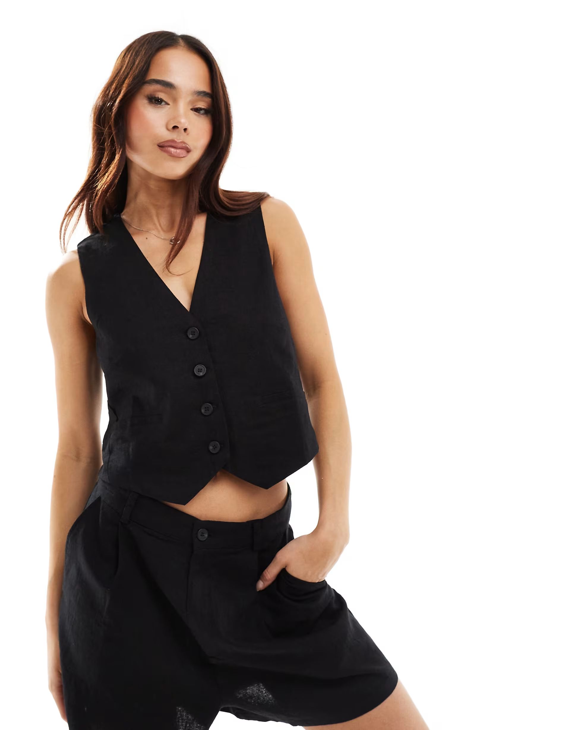 Pull&Bear linen waistcoat co-ord in black | ASOS (Global)