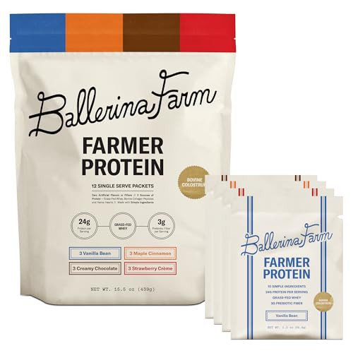 Ballerina Farm Grass Fed Whey Protein Powder, 4 Flavor Variety Pack, 24g Protein with Collagen Peptides, Bovine Colostrum, Hemp Hearts & Prebiotic Fiber, No Artificial Ingredients, 12 Servings | Amazon (US)
