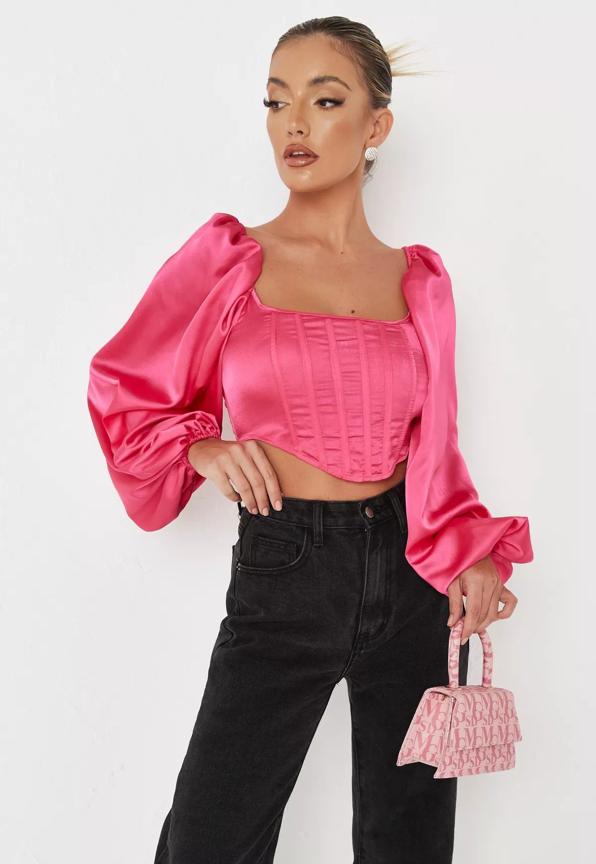 Missguided - Hot Pink Satin Balloon Sleeve Corset Top | Missguided (US & CA)