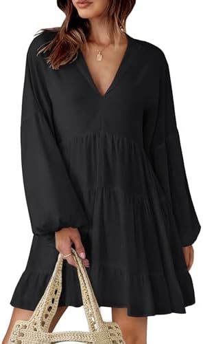 ZESICA Women's 2024 Tunic Mini Dress Casual Long Sleeve V Neck Ruffle Tiered Loose Flowy Swing Sh... | Amazon (US)