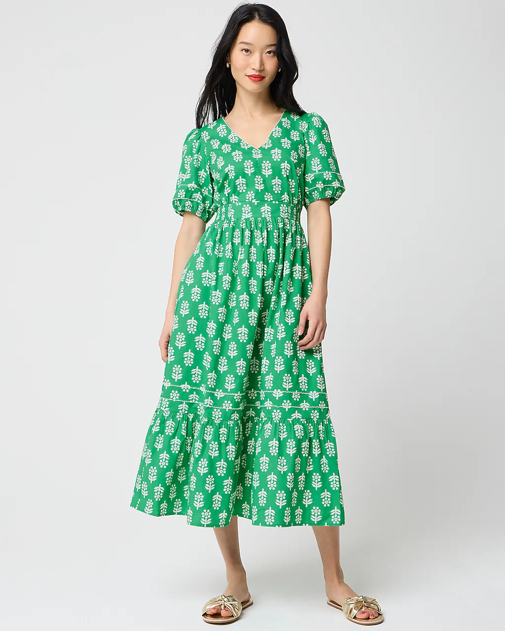 Block-print puff-sleeve midi dress | J.Crew Factory