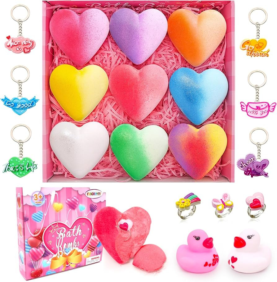 Valentine's Kids Bath Bomb Gift Set Hearts Shape Bath Bomb with Surprise Toys Inside Bubble Bath ... | Amazon (US)