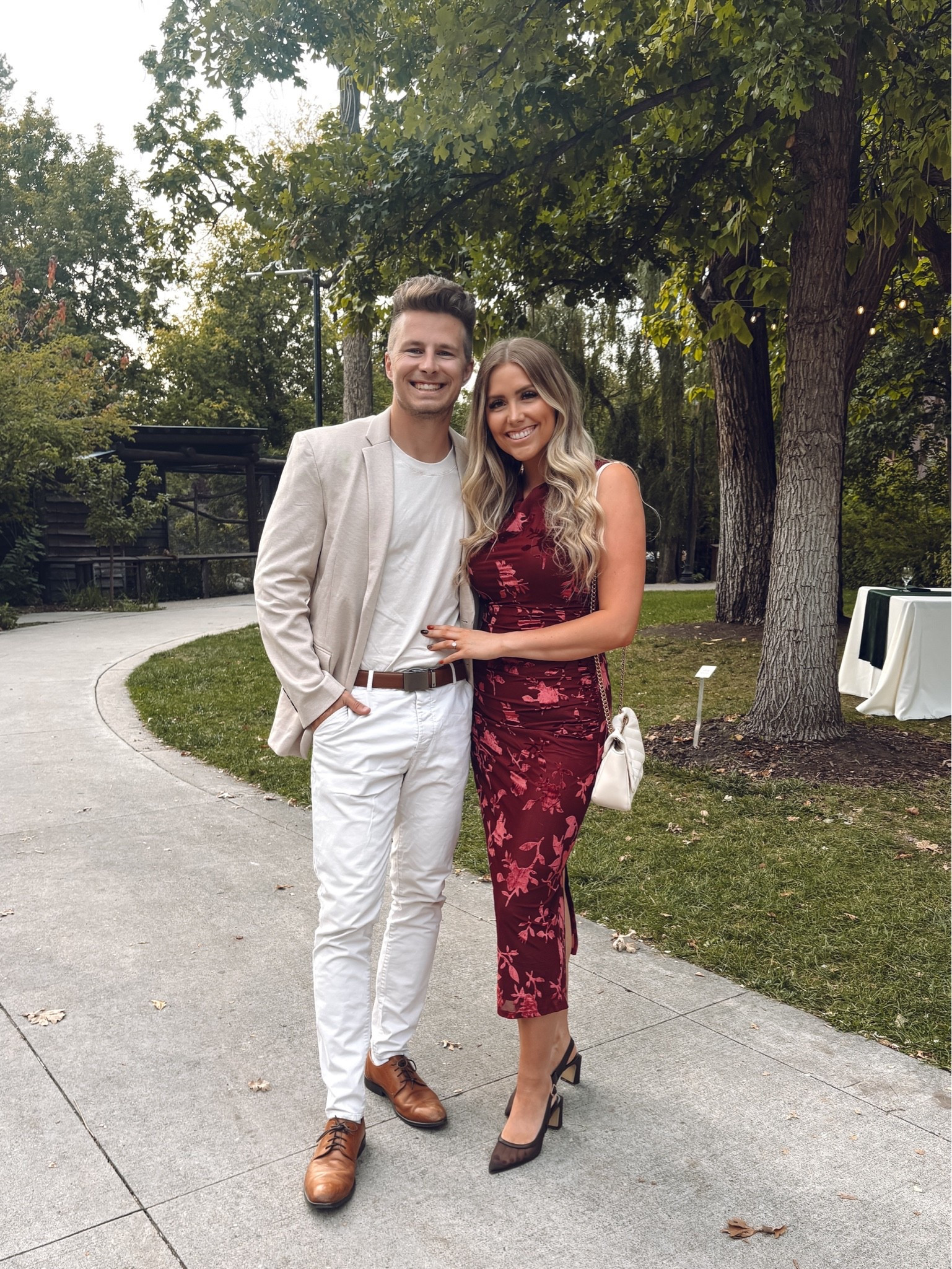 wedding guest outfits! 
dress: true to size, wearing M
heels: I sized up half

| mens fashion | womens fashion | wedding guest dress | burgundy dress | brown heels | couples outfits