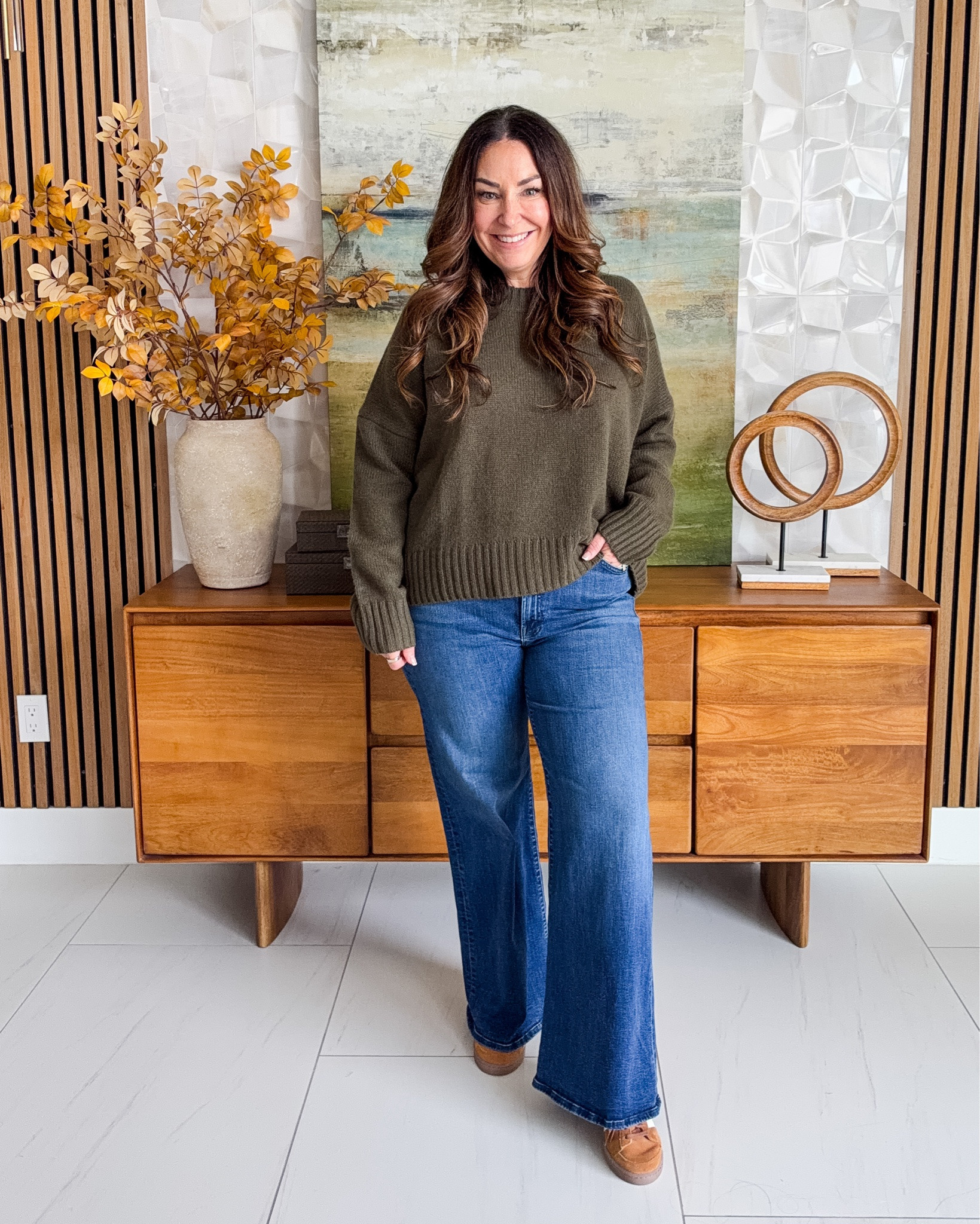 A classic fall uniform: cozy olive sweater, wide leg jeans and brown accessories. Easy, comfortable and so wearable.

#LTKSeasonal #LTKOver40 #LTKMidsize