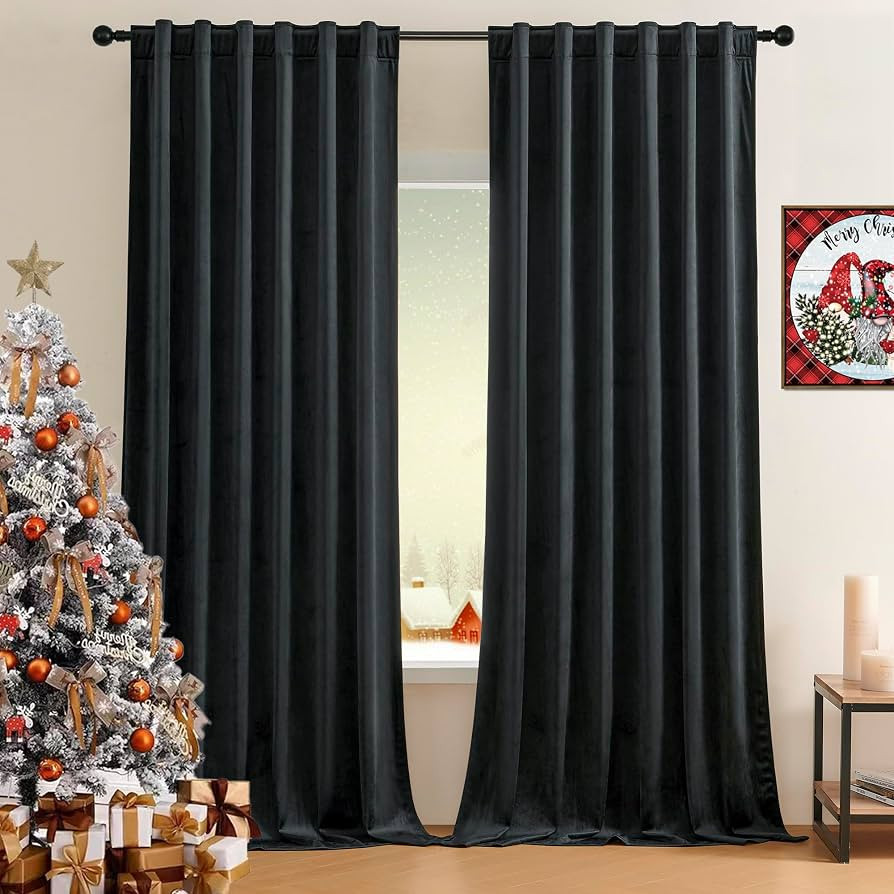 Timeper Black Velvet Curtains 96 inches Long - Blackout Curtains for Room, Rod Pocket Back Tab De... | Amazon (US)