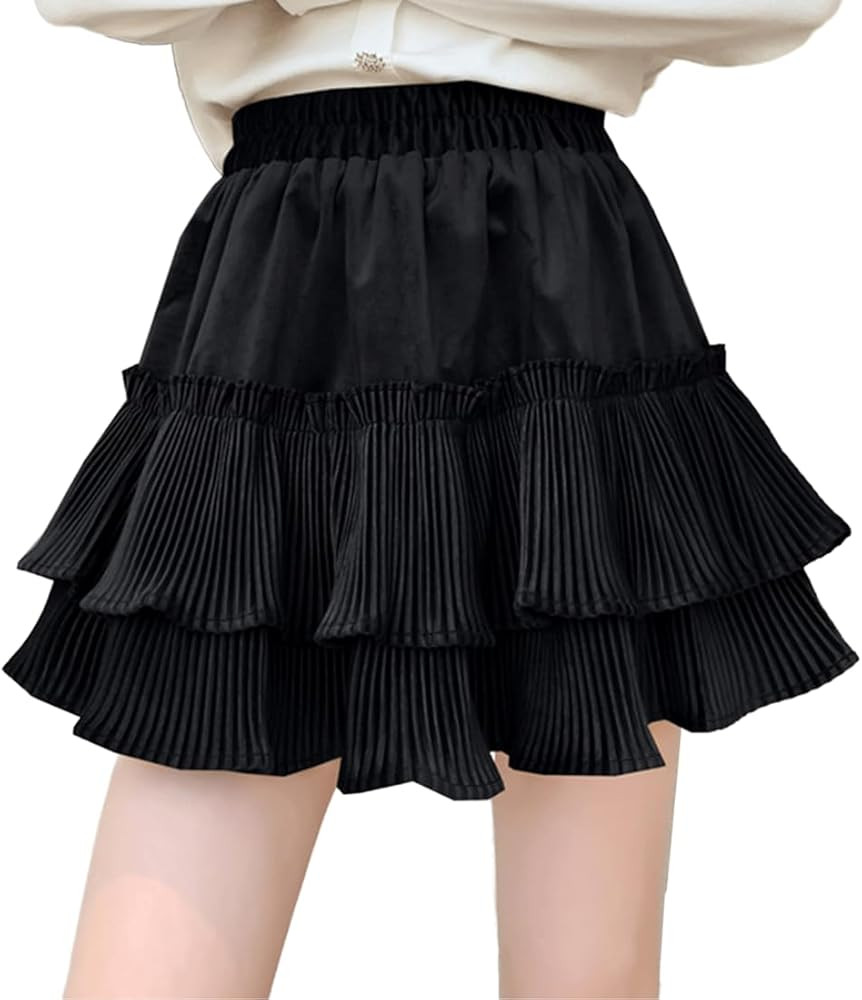 Harajuku Kawaii Style Lolita Goth Fashion Casual Elastic Waist Cute Lace Trim Layered Pleated Ski... | Amazon (US)