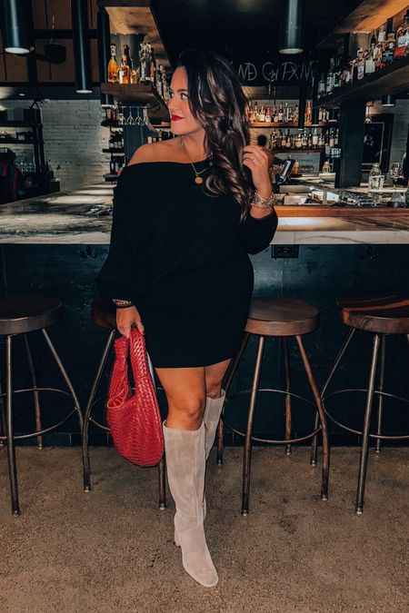 Midsize fall dinner outfit 
Comfy off the shoulder sweater dress tts (xl) - wide calf boots tts 
Red woven shoulder bag 
Strapless bra tts 38dd 
The best red lipstick - doesn’t smudge 

#LTKSeasonal #LTKCon #LTKmidsize