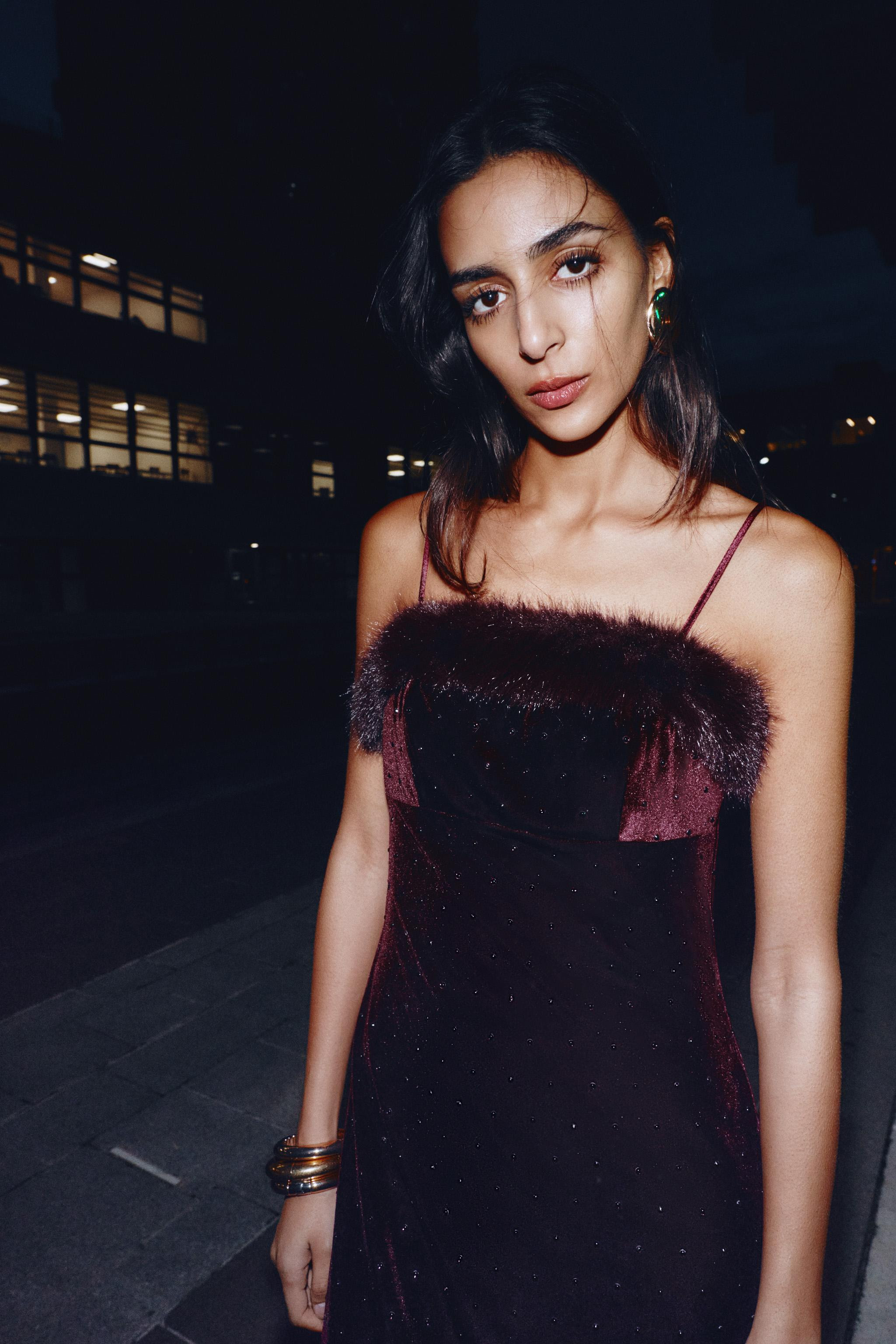 VELVET BEADED FAUX FUR MIDI DRESS | Zara US