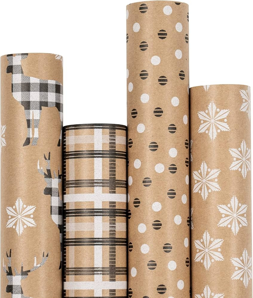 RUSPEPA Christmas Wrapping Paper, Kraft Paper - Deer, Snowflake and Plaid Style Designs - 4 Rolls... | Amazon (US)