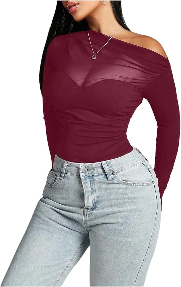 Milumia Women's Ruched One Shoulder Bodysuit Sheer Long Sleeve Fitted Leotards Tops | Amazon (US)