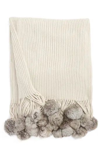 Echo Genuine Rabbit Fur Pompom Rib Knit Throw, Size One Size - Metallic | Nordstrom