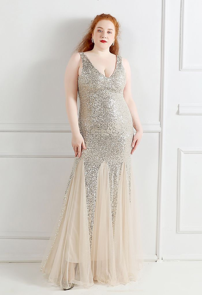 Mesh Panelled Sequined Mermaid Gown in Silver | Chicwish