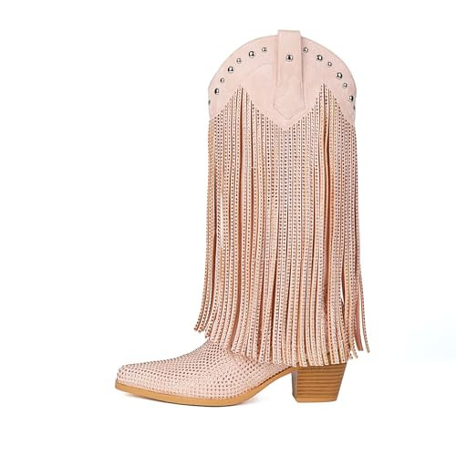 AIJIVOU Women's Rhinestone Fringe Cowgirl Boots, Sparkly Western Cowboy Boots Pointed Toe Knee Block Chunky Middle Heel Pull On Mid Calf Boots for Women Girl Party (pink, 9.5 M US) | Amazon (US)