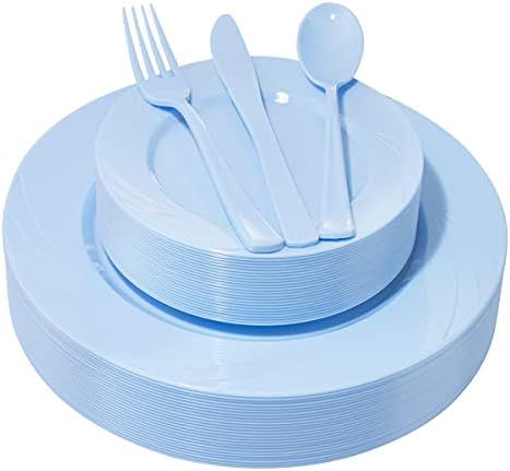 Amazon.com: YOUBET 125Pieces Blue Plastic Plates-Blue Plastic Silverware-Include 25 Dinner Plates... | Amazon (US)