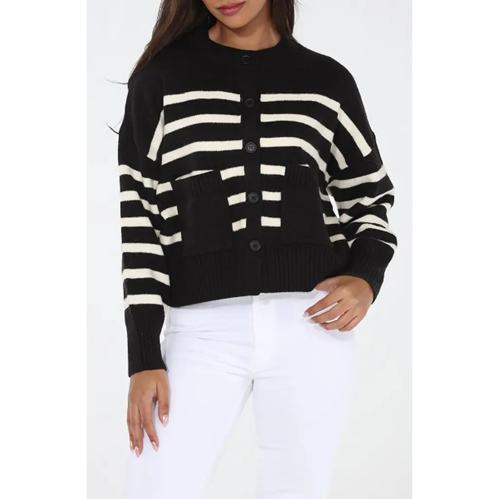 RAIN AND ROSE Stripe Knit Cardigan in Black at Nordstrom Rack, Size X-Large | Nordstrom Rack
