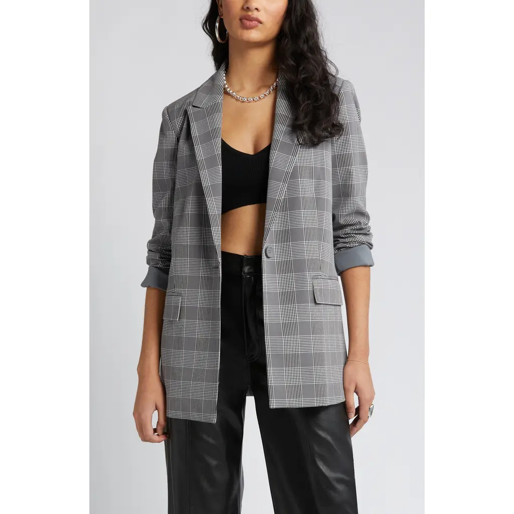 Open Edit Plaid Bracelet Sleeve Blazer in Grey Soly Plaid at Nordstrom, Size Small | Nordstrom