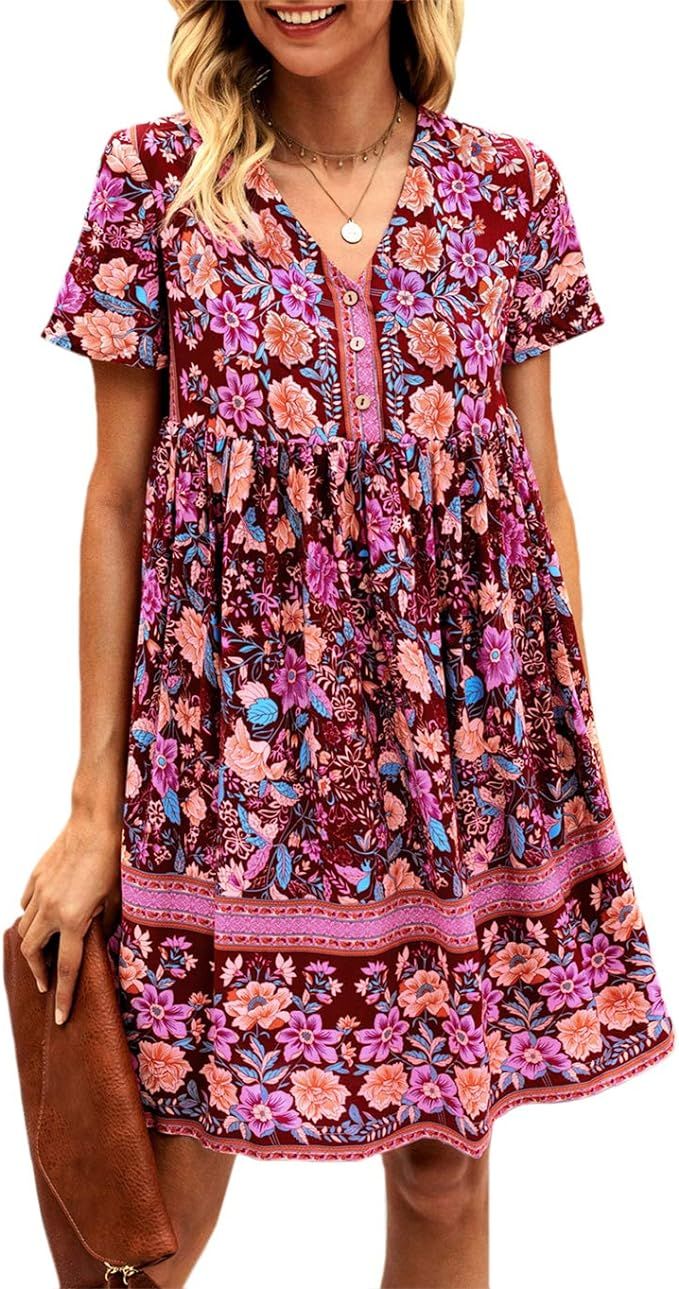 BIOHANBLE Womens Summer Vintage Boho Dresses Short Sleeve V Neck Buttoned Flowy Bohemian High Wai... | Amazon (US)