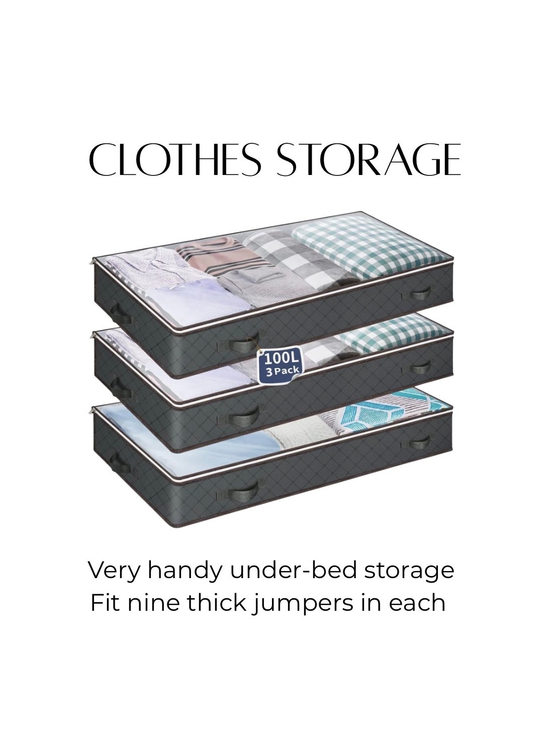 I got these a few weeks ago and have finally packed some clothes away into them. They’re really handy, three per pack and each one fits nine chunky jumpers  

Under-bed storage, storage for winter clothes 

Ad aff link 

#LTKKids #LTKHome #LTKSeasonal