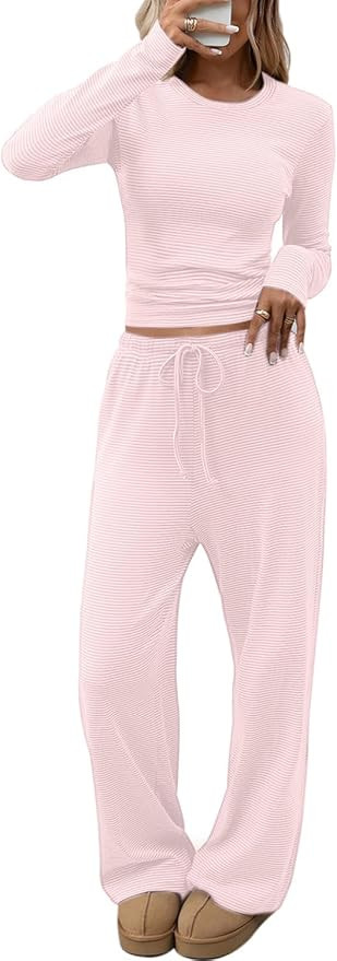 CHYRII Womens Two Piece Sets Fall Fashion Striped Long Sleeve Tops Wide Leg Palazzo Pants Outfits... | Amazon (US)