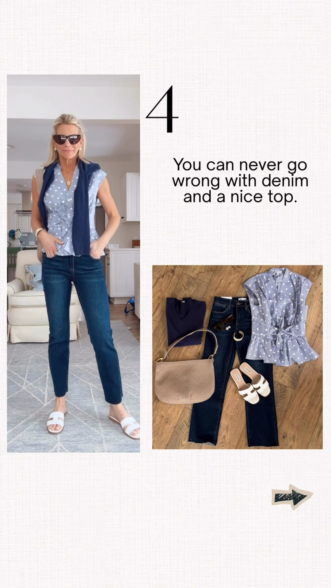 Casual chic outfit with dark denim and a light top.