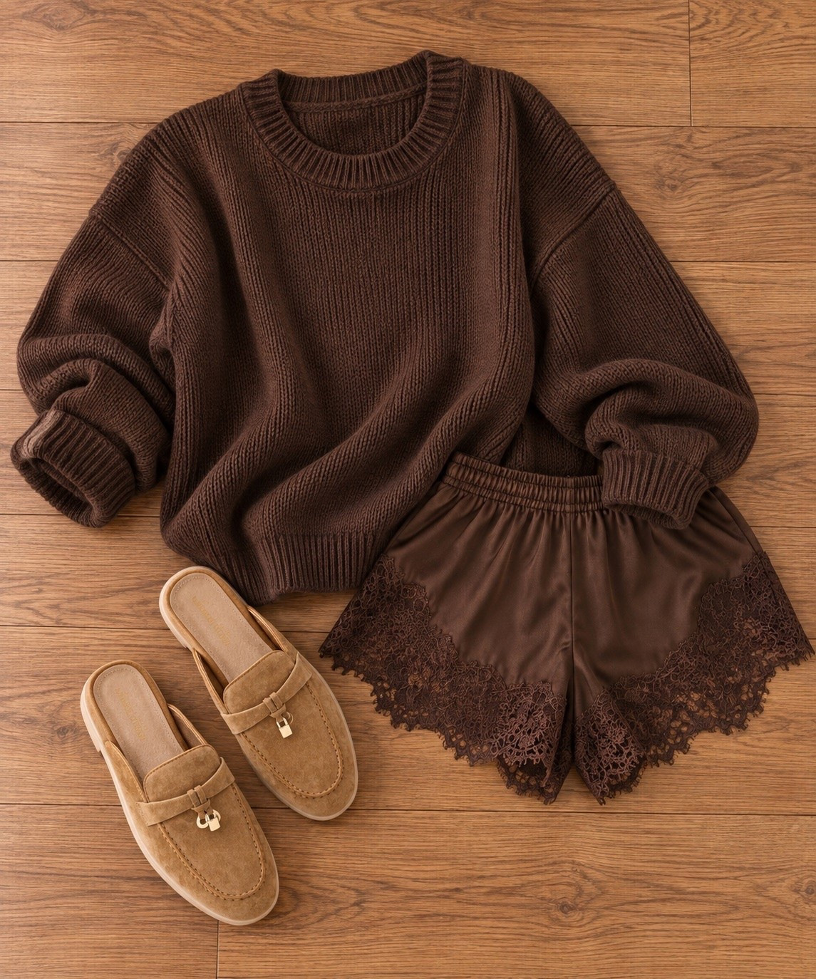 Chocolate brown + lace shorts + suede loafers… this is how I’m doing fall while it’s still warm outside.

chocolate brown outfit, fall outfit, lace shorts, brown sweater, suede loafers, warm fall outfit, fall fashion, monochromatic outfit, transitional fall style, casual fall outfit, chocolate brown trend, JulieFranks