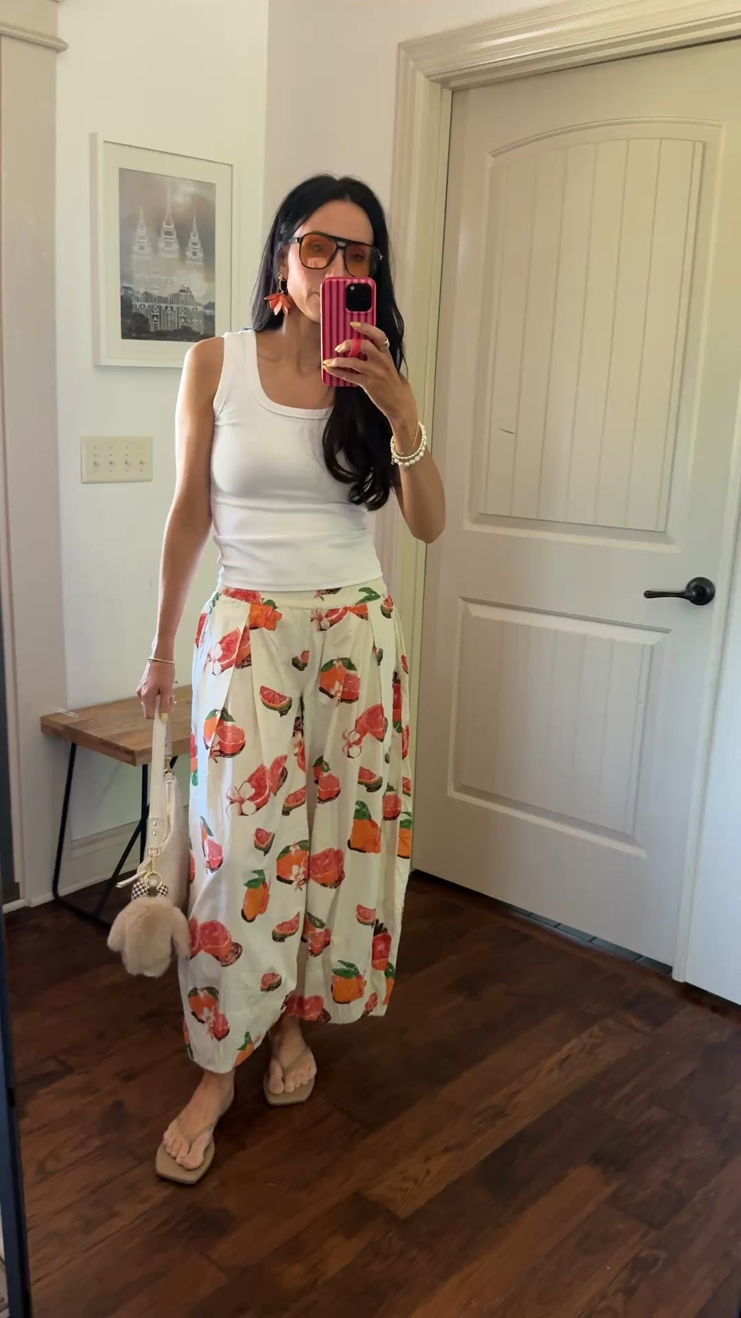 The cutest palazzo pants- these have grapefruit all over them. Fit is tts. These go so well with big fun earrings.