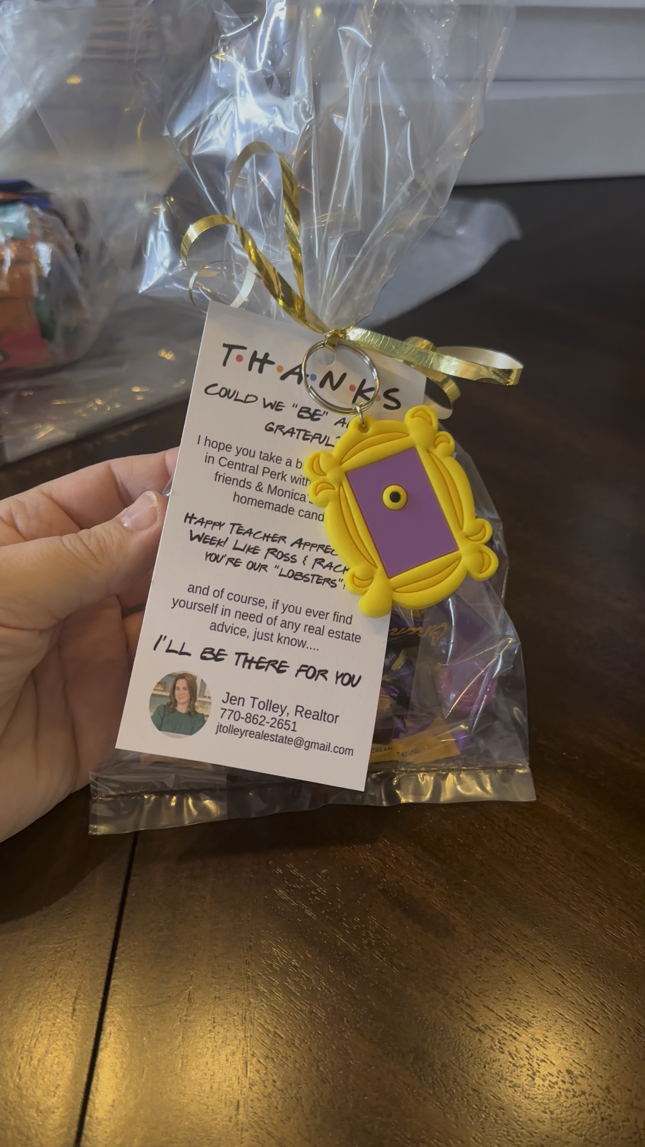 Teacher Appreciation Gift Bag Friends themed! A fun bag with a Friends twist with coffee, chocolates, a lobster scratch off to win coffee and a Friends keychain 