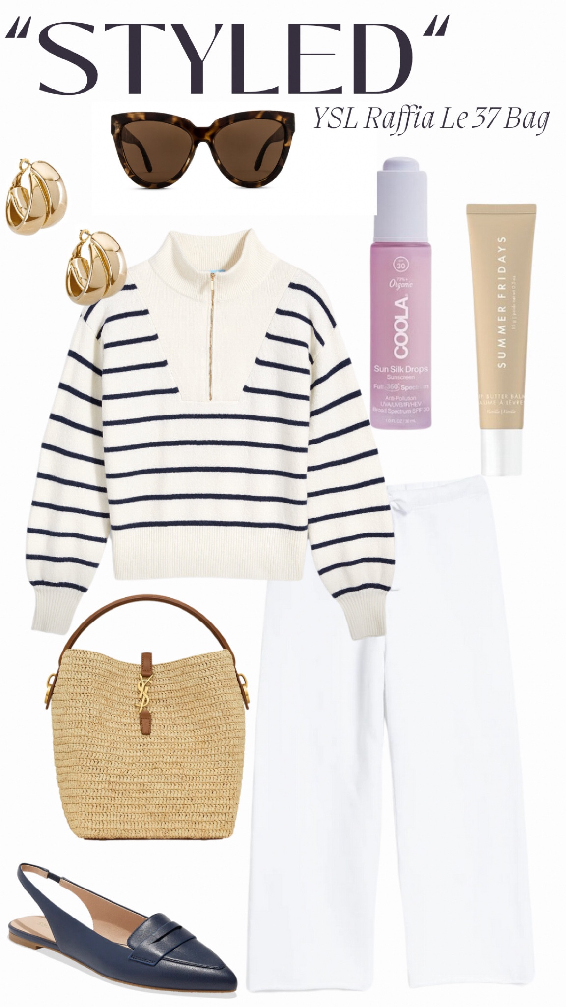 “Styled”
YSL Raffia Le 37 Bag

Striped Quarter Zip Sweater: Draper James
White Fleece Sweatpants: Frank & Eileen
Sling Back Ballet Flat: Jack Rodgers 
Tortoise Shell Sunglasses: Le Specs
Lip Balm: Summer Fridays
Sunscreen: COOLA

#LTKitbag

#LTKover40 #LTKstyletip #LTKSeasonal