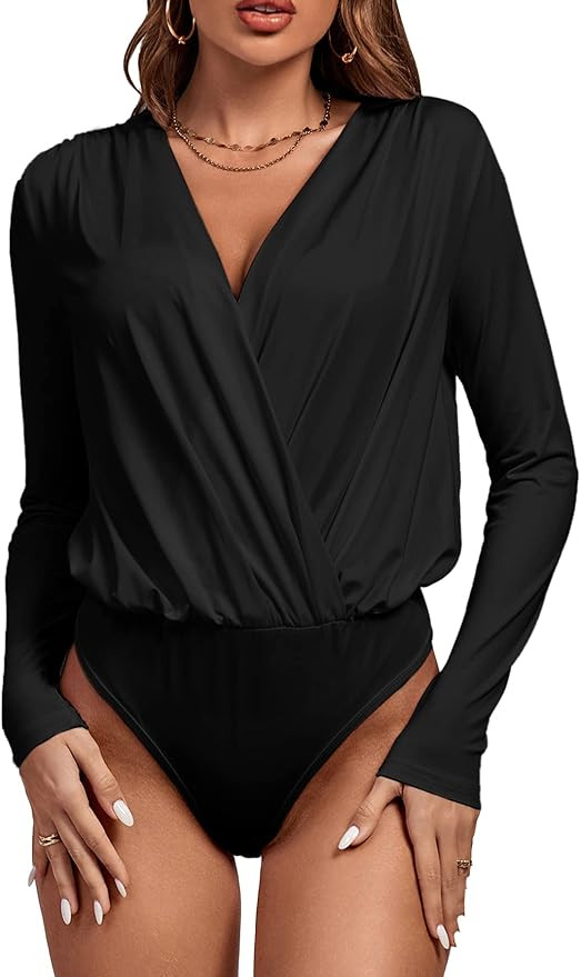 Vrtige Women's Wrap V Neck Long Sleeve Pleated Bodysuit Leotard Top | Amazon (US)