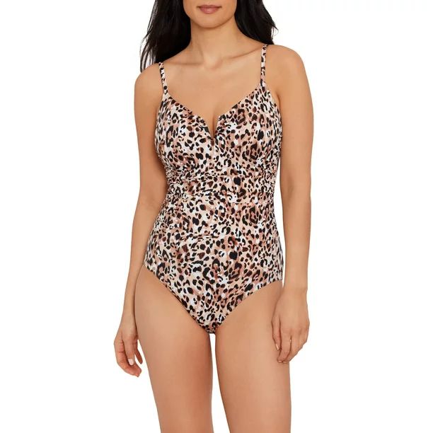 Time and Tru Women's and Women’s Plus Size Cheetah V Wire Shirred One Piece Swimsuit | Walmart (US)