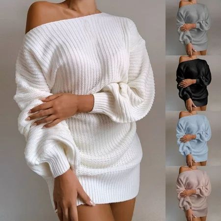 Twowood Sweater Dress One Shoulder Knitted Above Knee Lantern Sleeve Mini Dress for Dating | Walmart (US)