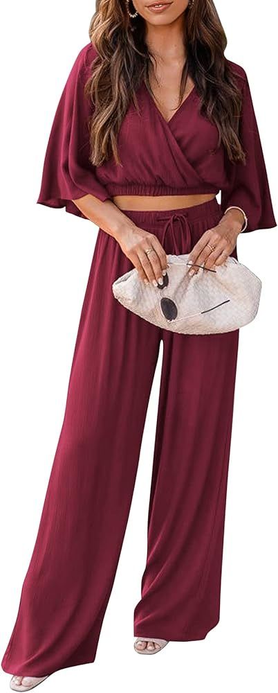 PRETTYGARDEN 2 Piece Outfits for Women 2023 Summer Short Sleeve Wrap V Neck Crop Tops Wide Leg Pants | Amazon (US)