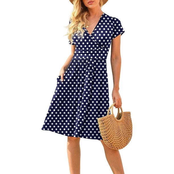 POPYOUNG Women's Summer Casual Short Sleeve V-Neck Short Party Dress with Pockets - Walmart.com | Walmart (US)