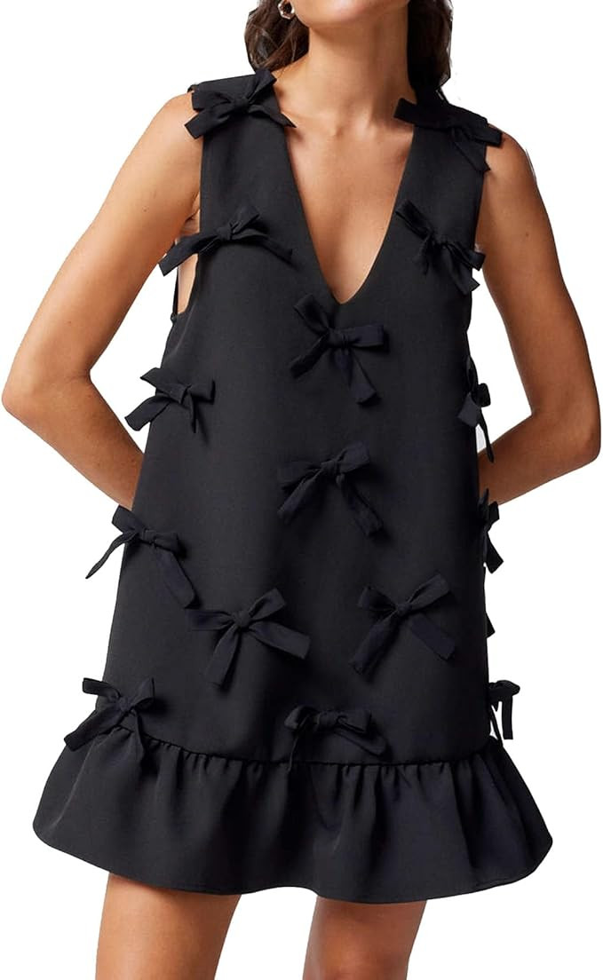 Women's V Neck Sleeveless Bow Mini Dress A-Line Flared Tunic Babydoll Dress Cocktail Party Club D... | Amazon (US)