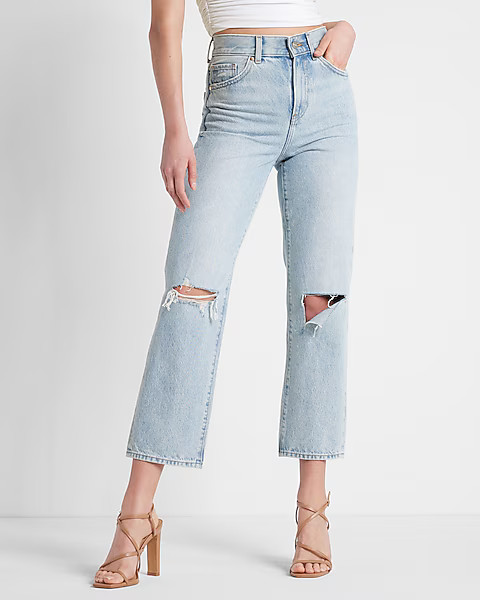 High Waisted Light Wash Ripped Straight Ankle Jeans | Express