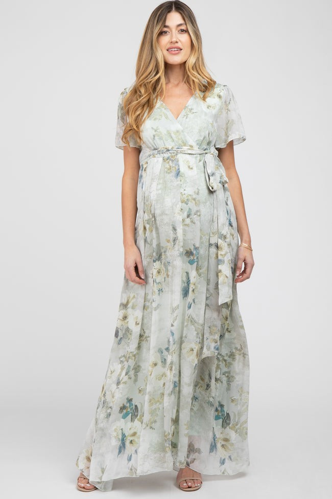 Light Olive Floral Chiffon Wrap Front Short Sleeve Maternity Maxi Dress | PinkBlush Maternity
