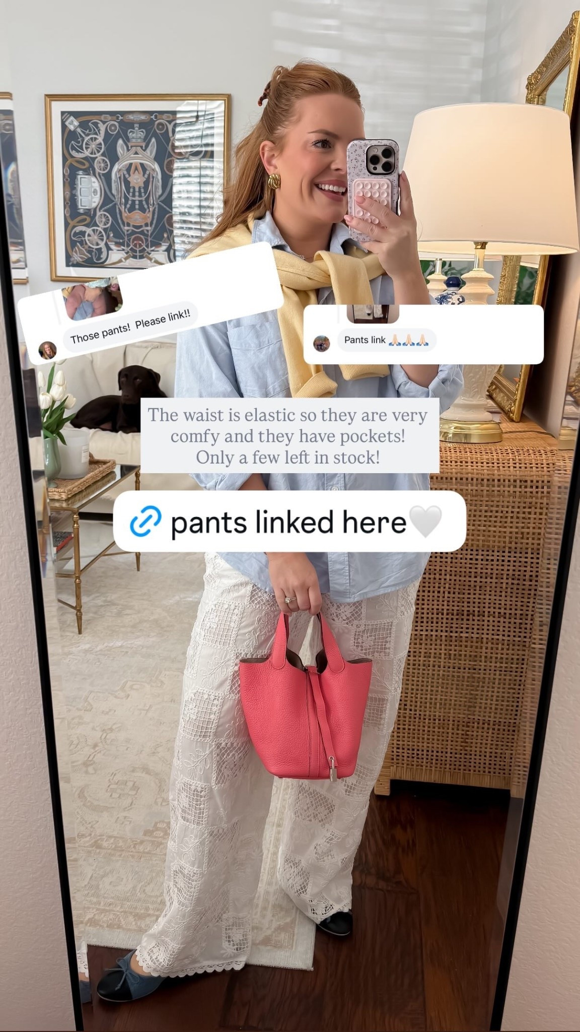 The waist is elastic so they are very comfy and they have pockets! 
Only a few left in stock!