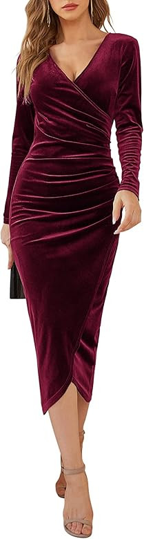 DIRASS Women's Elegant Velvet Long Sleeve Wrap V Neck Ruched Bodycon Cocktail Party Maxi Dress | Amazon (US)