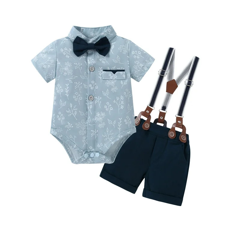 CARETOO Baby Boy Clothes Suit Floral Dress Shirt Shorts Suspender Pants Formal 95% Cotton 3pcs | Walmart (US)