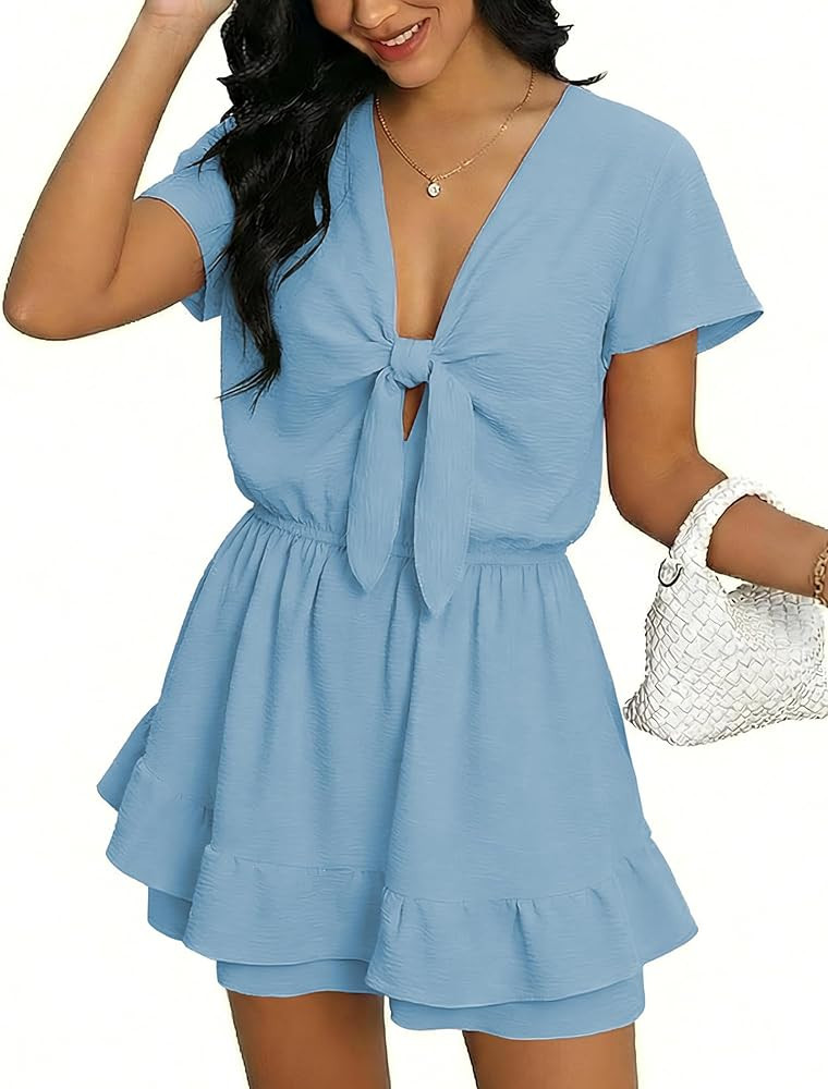 Angashion Womens Summer Shorts Romper: Sexy V-Neck Self Tie Double Layer Ruffle Hem Romper Dress ... | Amazon (US)