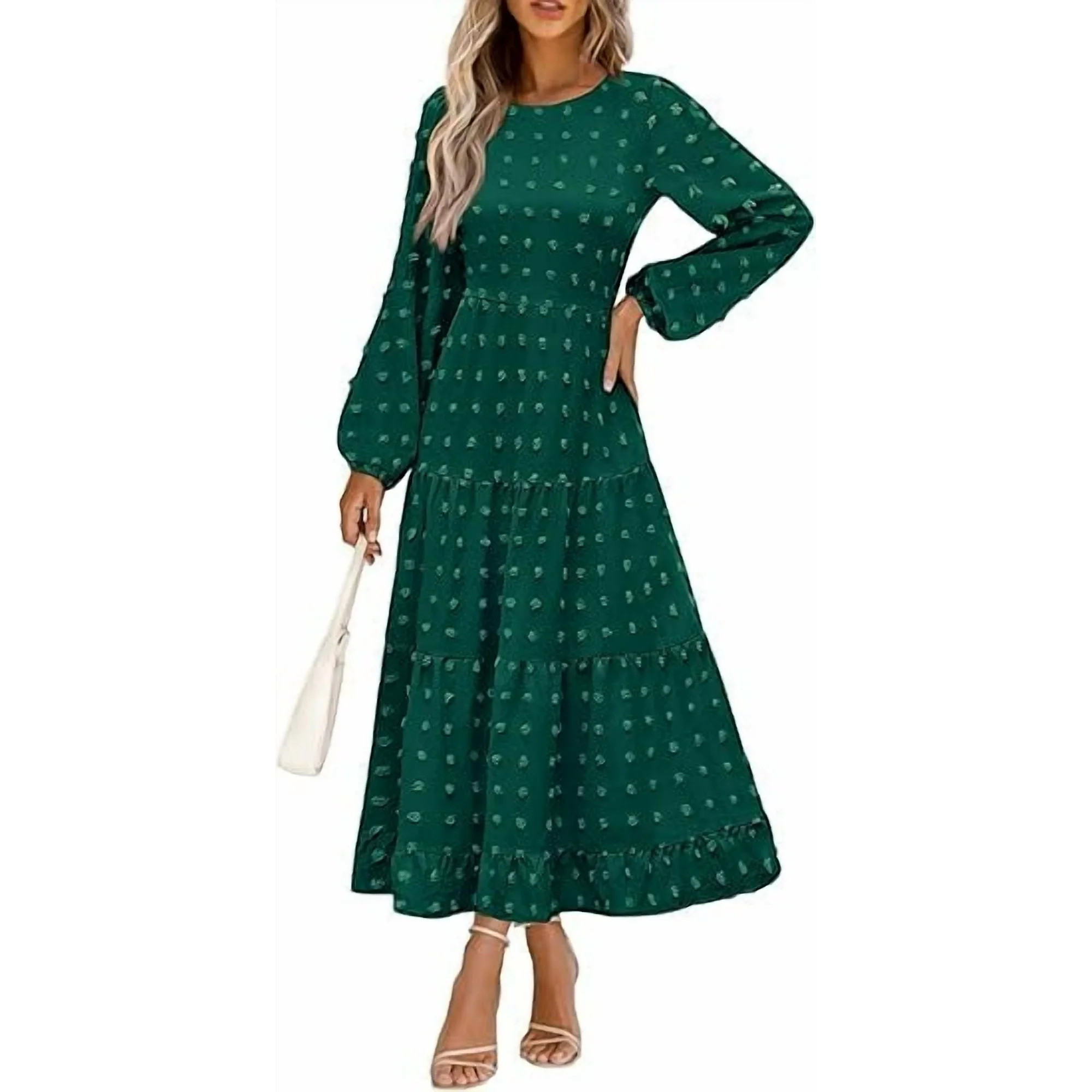 PRETTYGARDEN Women's Fall Spring Elegant Long Sleeve Maxi Dress Swiss Dot A Line Flowy Casual Hol... | Walmart (US)