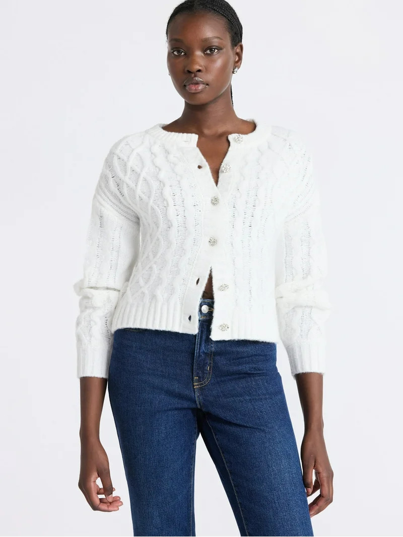 Free Assembly Women's and Women's Plus Cropped Cable Cardigan Sweater, Midweight, Sizes XS-4X | Walmart (US)