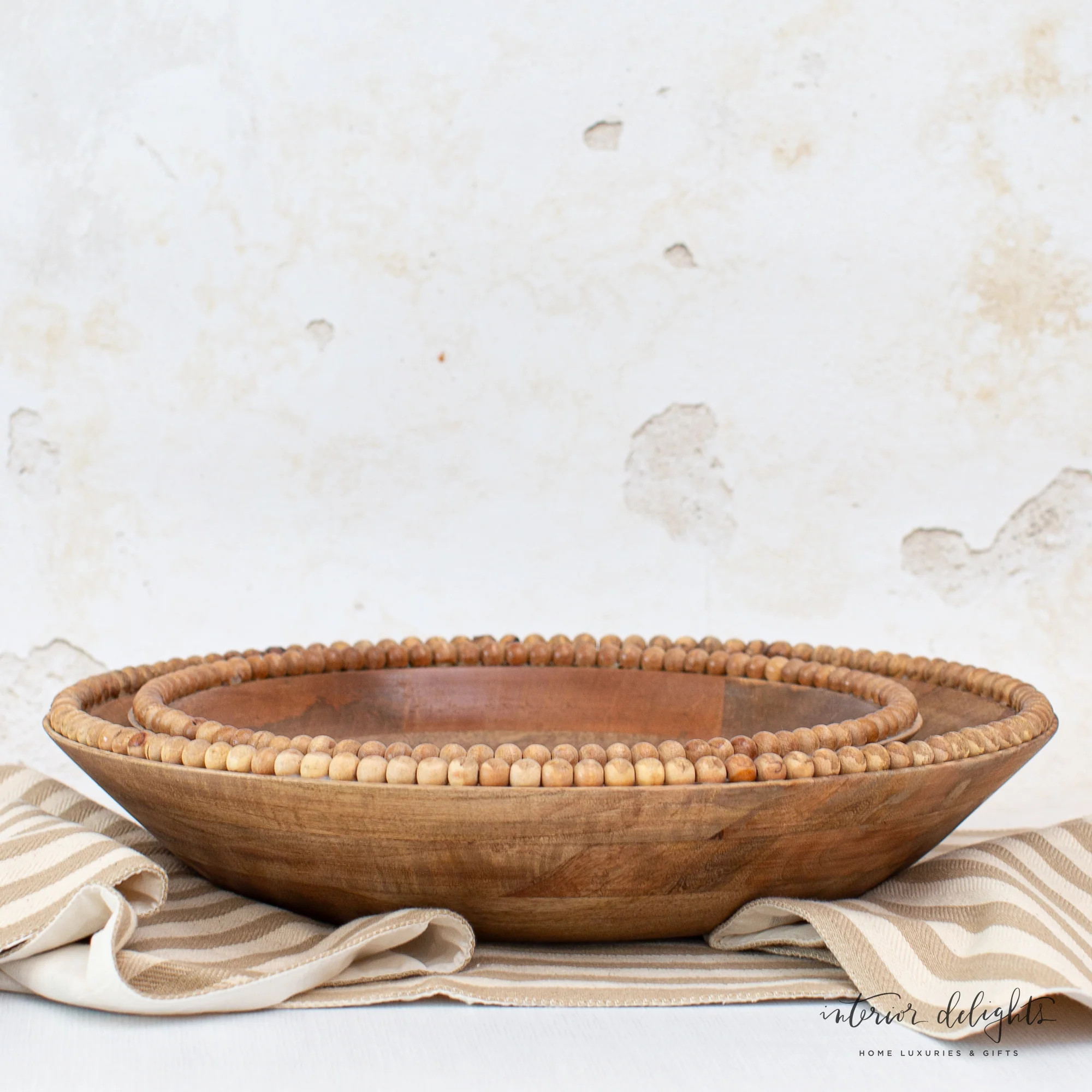 Set of 2 Wooden Bowls with Beaded Trim | Interior Delights