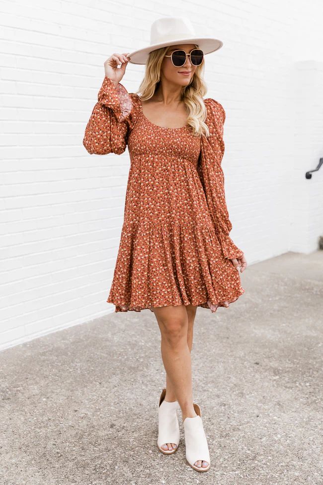 Following A Shadow Rust Smocked Floral Dress PRE-ORDER | The Pink Lily Boutique