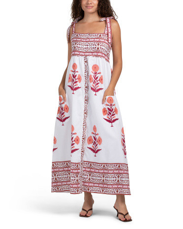 Hand Blocked Border Print Floral Maxi Dress For Women, Cotton | TJ Maxx