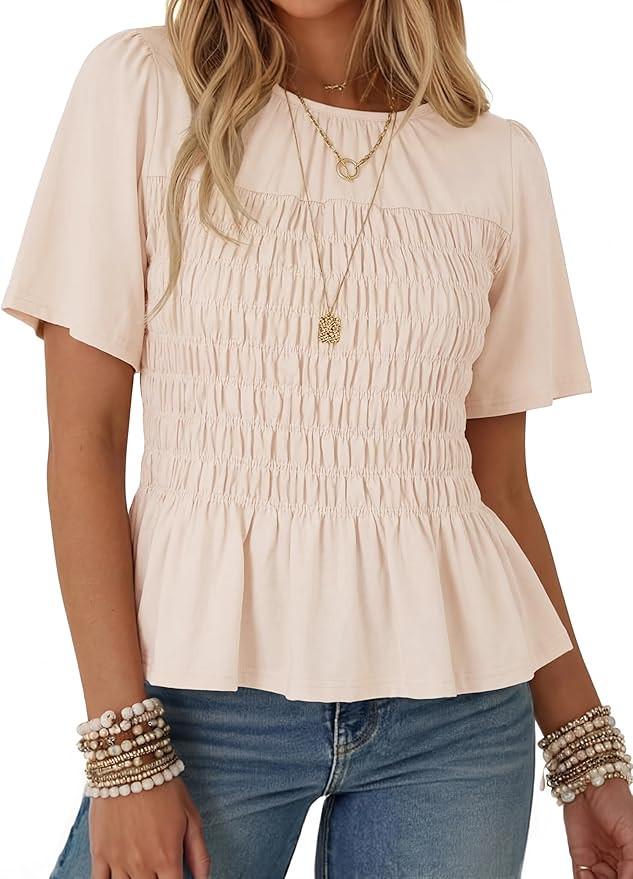 Watashi Women Summer Tops Smocked Elastic Pleated Peplum Ruffle Hem Short Sleeve Babydoll Top Cas... | Amazon (US)